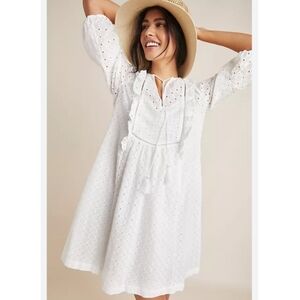 Anthropologie white cotton eyelet dress with ruffle details